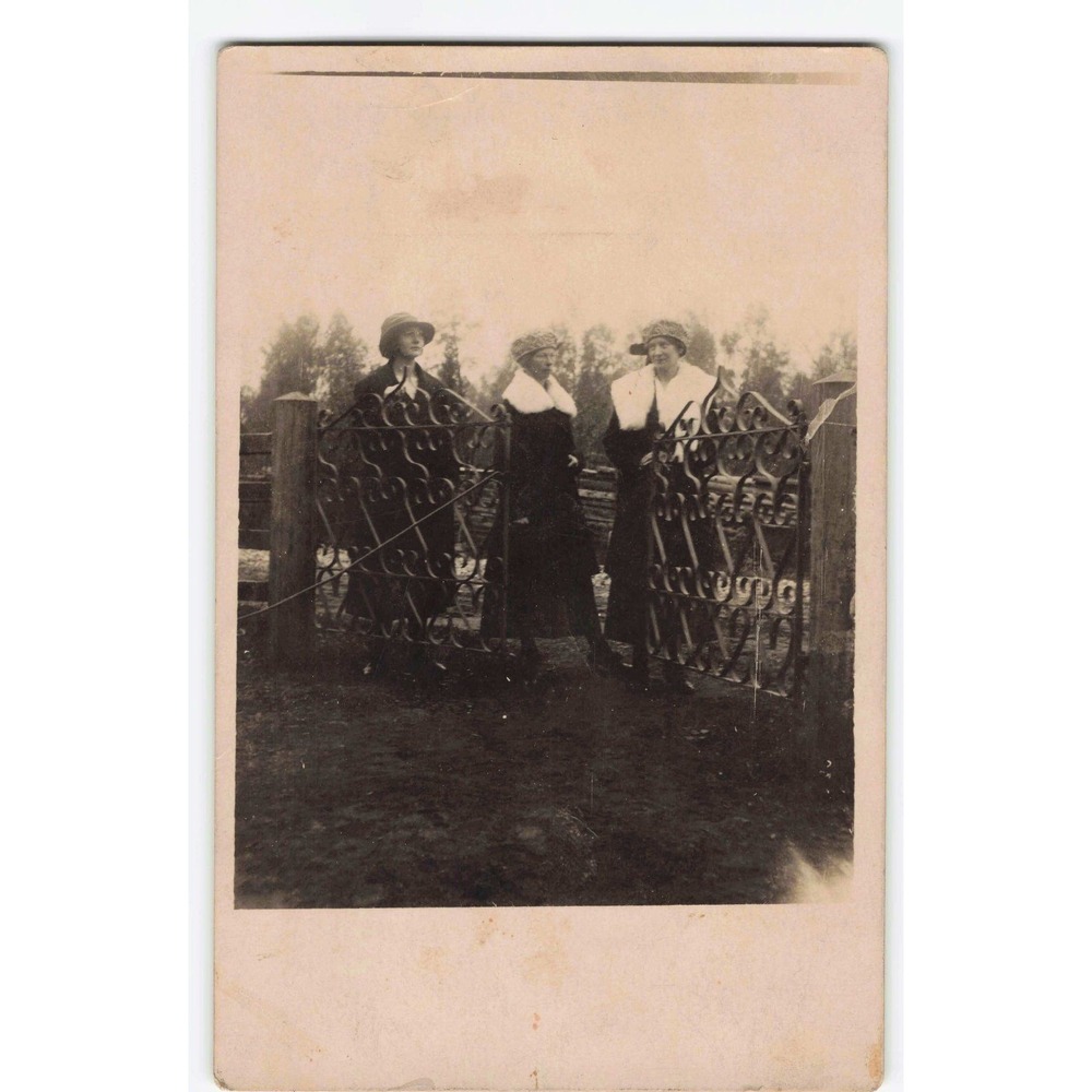 Antique Sepia Photo Three Women in Winter Fashion Ornate Wrought Iron Gate 1920s